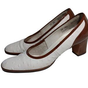 7.5 aaa N Vintage Womens Shoes PUMPS 1970s RISQUE FAUX OSTRICH 2 TONE IN BOX